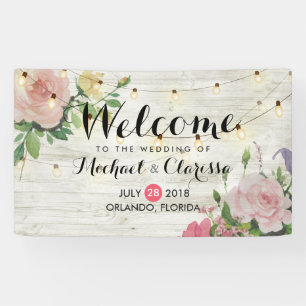 Wedding Banner Flowers & String Lights Rustic Wood