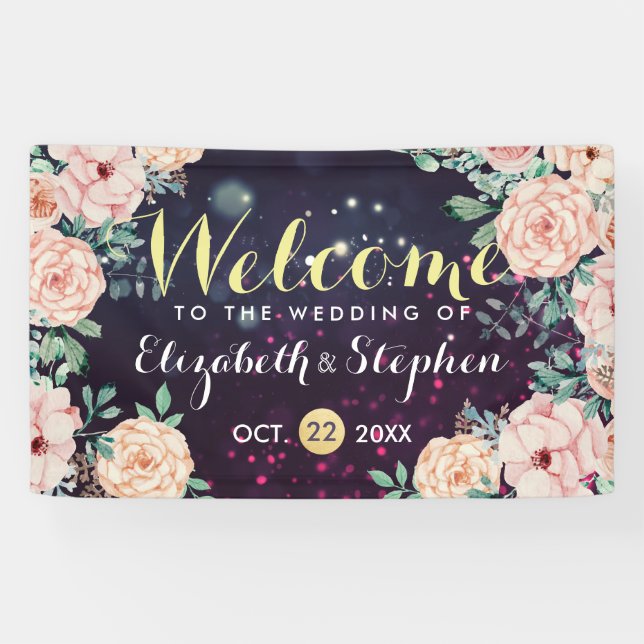 Wedding Banner Modern Floral Purple Sparkle Lights (Horizontal)