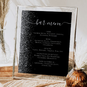 Wedding Bar Menu Black Silver Glitter Poster