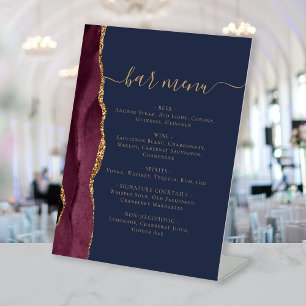 Wedding Bar Menu Burgundy Gold Agate Navy Blue Pedestal Sign