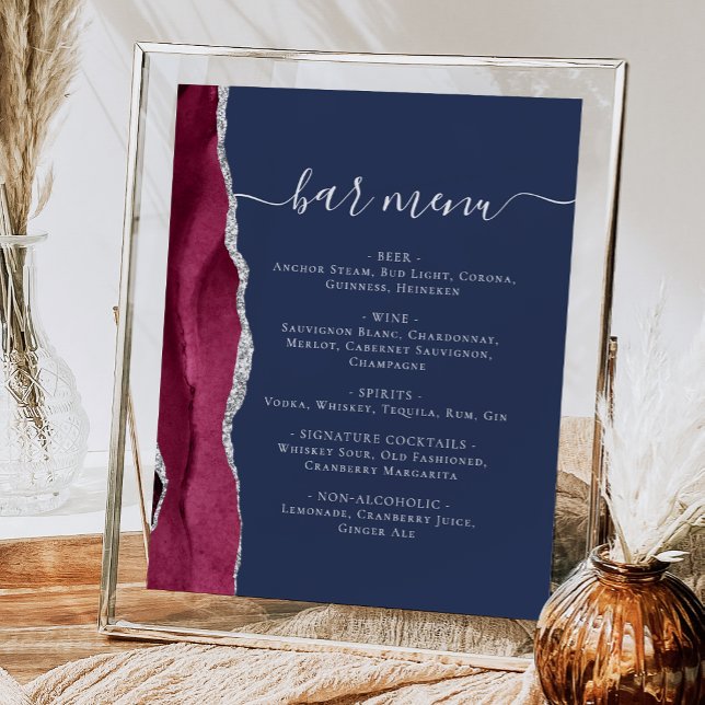 Wedding Bar Menu Burgundy Silver Agate Navy Blue P Poster (Creator Uploaded)