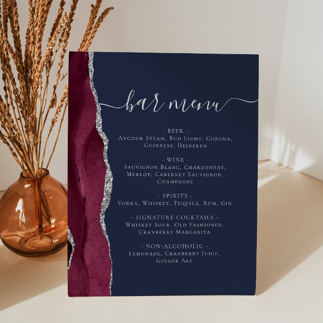 Wedding Bar Menu Burgundy Silver Agate Navy Blue Pedestal Sign (Creator Uploaded)