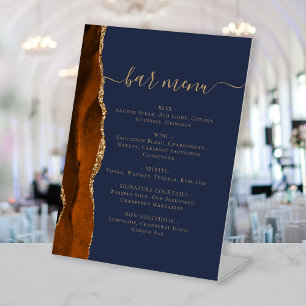 Wedding Bar Menu Burnt Orange Gold Agate Navy Blue Pedestal Sign