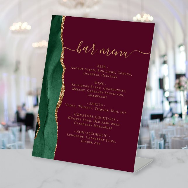 Wedding Bar Menu Emerald Green Gold Agate Burgundy Pedestal Sign (Creator Uploaded)