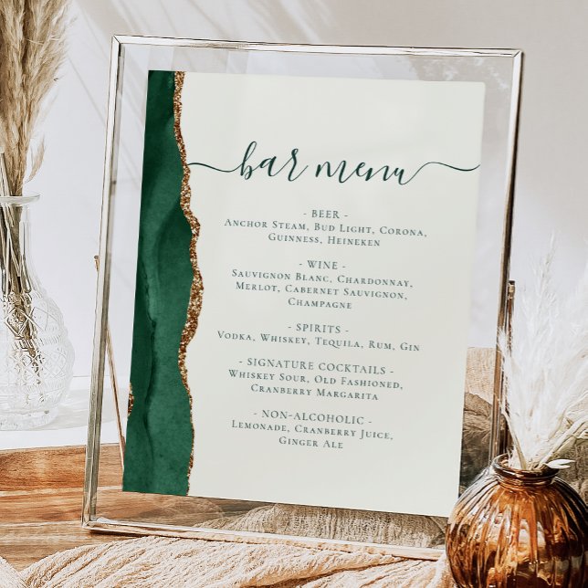 Wedding Bar Menu Emerald Green Gold Agate Ivory Poster (Creator Uploaded)