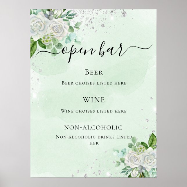 Wedding bar menu floral eucalyptus green poster (Front)