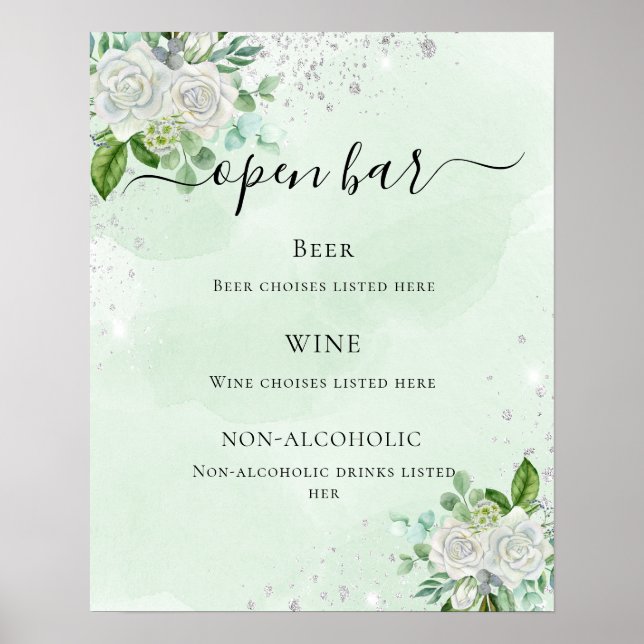 Wedding bar menu floral eucalyptus green poster (Front)