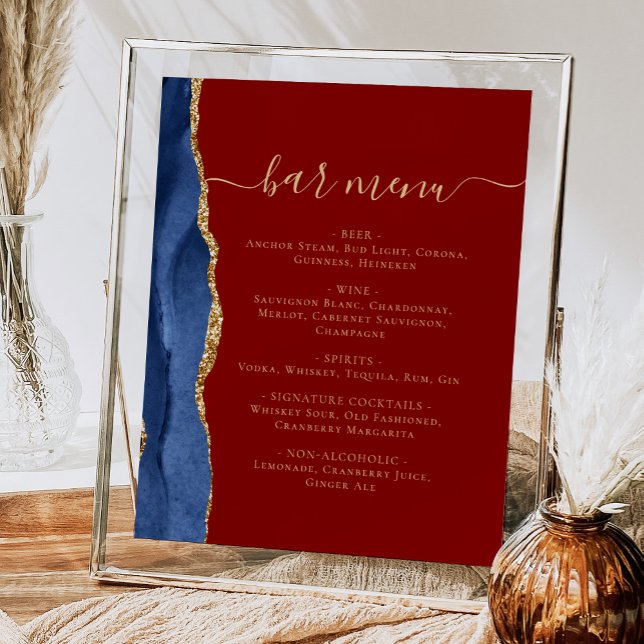 Wedding Bar Menu Navy Blue Gold Agate Burgundy Poster (Creator Uploaded)