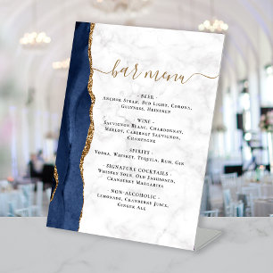 Wedding Bar Menu Navy Blue Gold Agate Marble Pedestal Sign