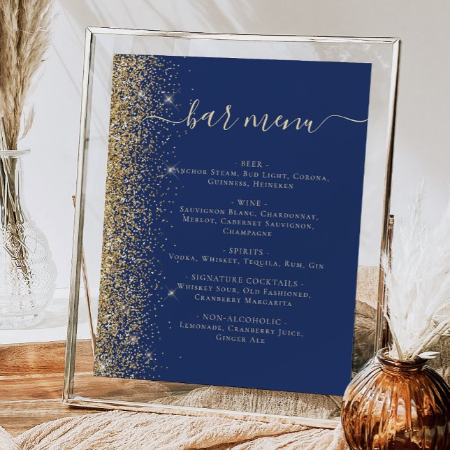 Wedding Bar Menu Navy Blue Gold Glitter Poster (Creator Uploaded)