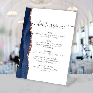Wedding Bar Menu Navy Blue Rose Gold Agate Pedestal Sign