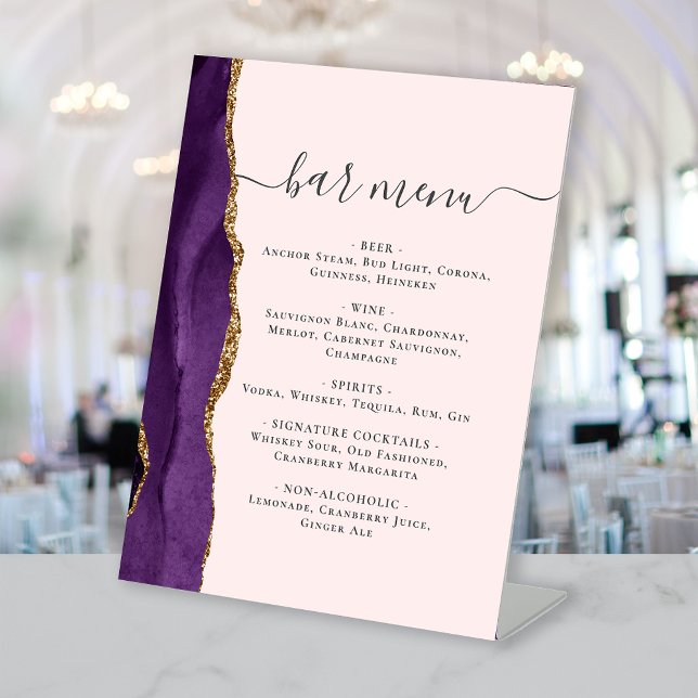Wedding Bar Menu Purple Gold Agate Blush Pedestal Sign (Creator Uploaded)