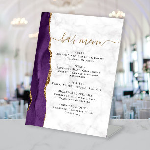 Wedding Bar Menu Purple Gold Agate Marble Pedestal Sign