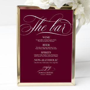 Wedding Bar Menu Sign Chic Burgundy Marsala