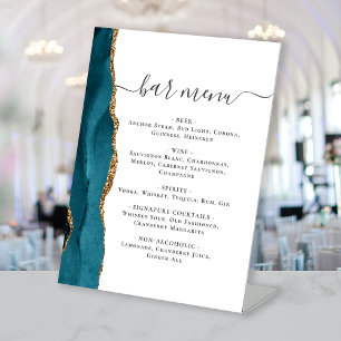 Wedding Bar Menu Teal Blue Gold Agate Pedestal Sign