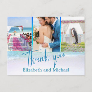 Wedding Beach Blue Ocean 3 Photo Elegant Thank You Postcard