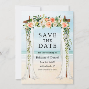 Wedding Beach Canopy Watercolor Coral White Floral Save The Date