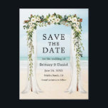 Wedding Beach Canopy Watercolor Green White Floral Announcement Postcard<br><div class="desc">Elegant Wedding Canopy Watercolor Green White Floral Wedding Engagement Announcement Save The Date Postcard includes beautiful white roses and white peonies. The wood wedding canopy arch includes botanical greenery on a sandy beach blue sky ocean background.</div>
