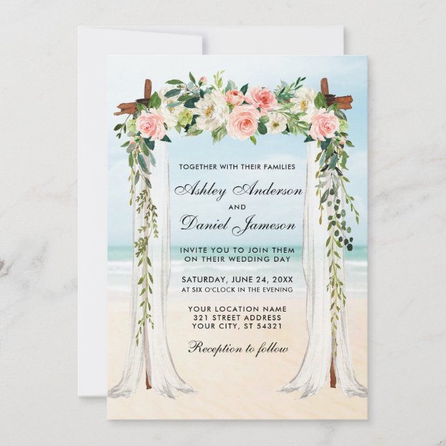 Wedding Beach Canopy Watercolor Pink White Floral Invitation (Front)