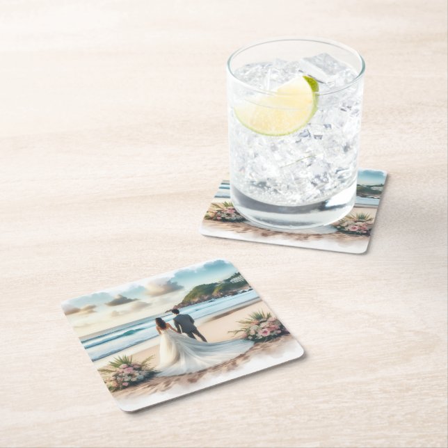 Wedding Beach Couple Square Paper Coaster (Insitu)