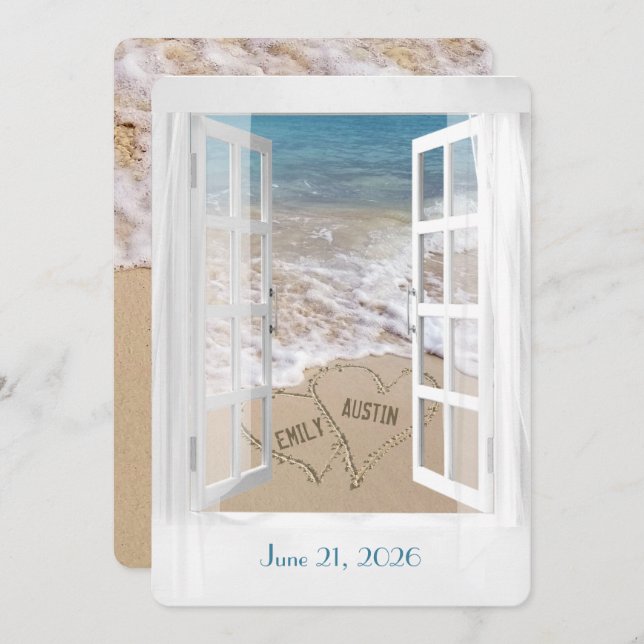 Wedding Beach Hearts in Window  Invitation (Front/Back)