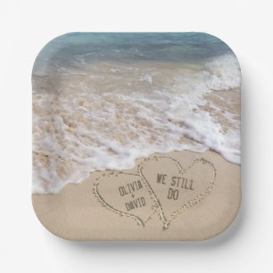 Wedding Beach Hearts with Names Paper Plate