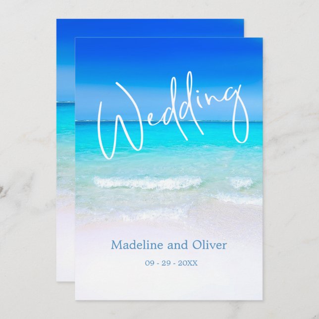 Wedding Beach Ocean Blue Sand Modern Destination Invitation (Front/Back)