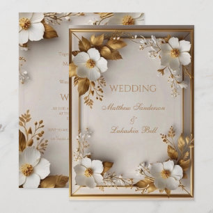 Wedding Beautiful white flowers gold leaves Invitation