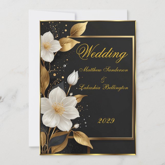 Wedding Beautiful White flowers Gold Leaves Invitation (Front)