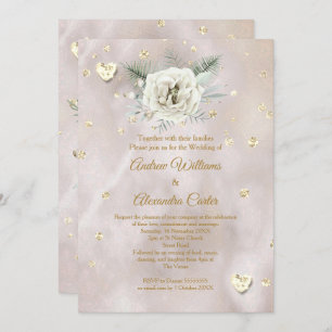 Wedding Beige Gold White Rose Hearts Glitter Invitation