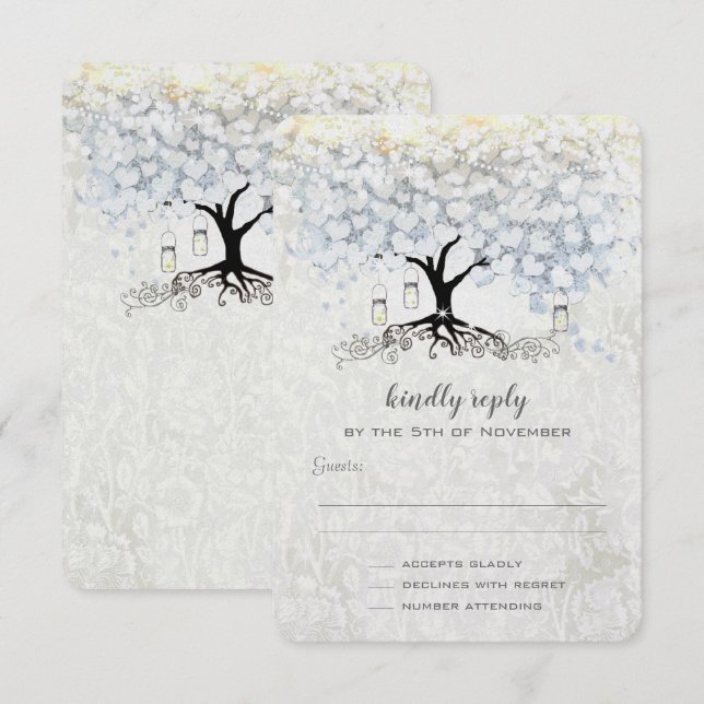 Wedding Bell Blue Heart Leaf Tree Wedding RSVP Invitation (Front/Back)