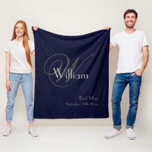 Wedding Best Man Gift Modern Monogram Navy Blue Fleece Blanket