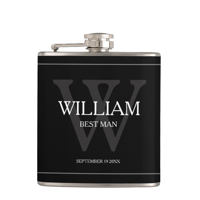 Wedding Best Man Gift Script Name Cool Chic Black Hip Flask (Front)