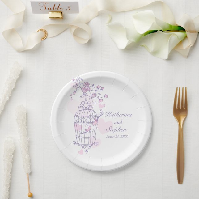 Wedding birdcage birds pink custom paper plate (Wedding)