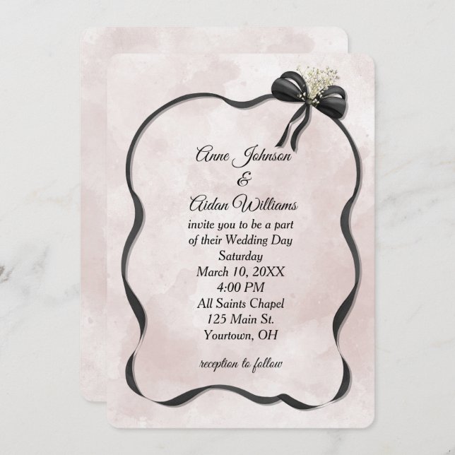 Wedding Black Bow and Ribbon on Watercolor Invitation (Front/Back)