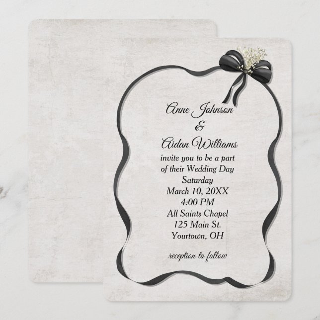 Wedding Black Bow and Ribbon with Baby's Breath Invitation (Front/Back)