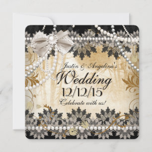 Wedding Black Cream Beige Lace Asian Floral Invitation