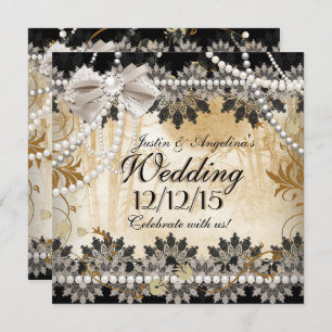 Wedding Black Cream Beige Lace Asian Floral Invitation