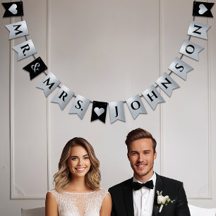 Wedding Black Faux Silver Foil Hearts Mr. and Mrs. Bunting