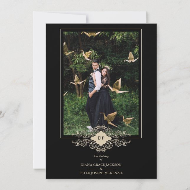 Wedding Black Flourish Gold Lace Initials Invitation (Front)