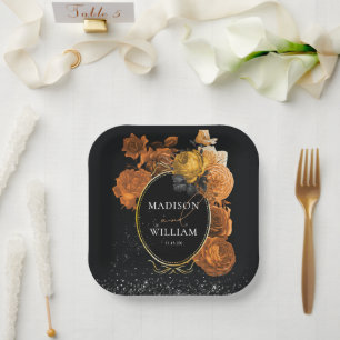 Wedding Black Glitter details and Orange Floral Paper Plate