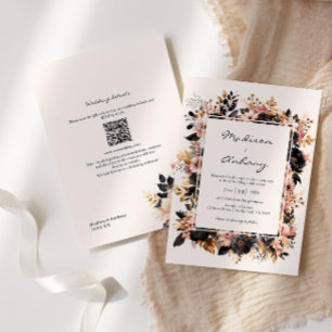 Wedding Black & Gold Floral QR Code 2 in 1 Invitation