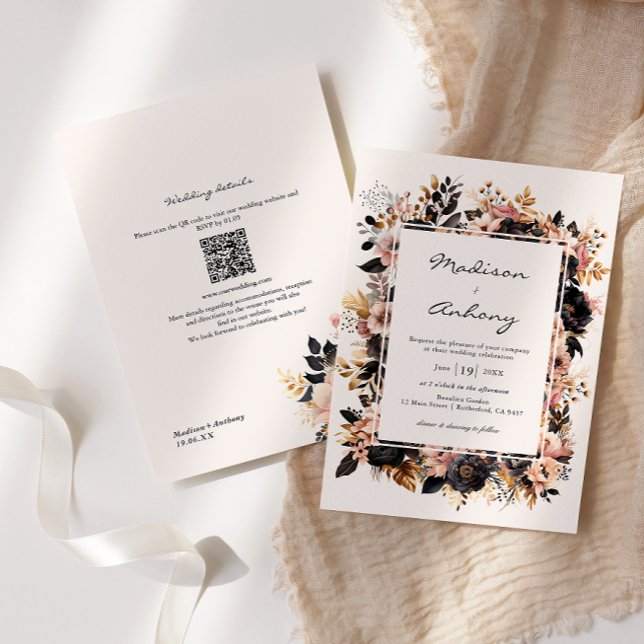 Wedding Black & Gold Floral QR Code 2 in 1 Invitation (Creator Uploaded)