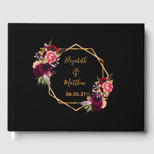 Wedding black gold geometric floral burgundy guest book