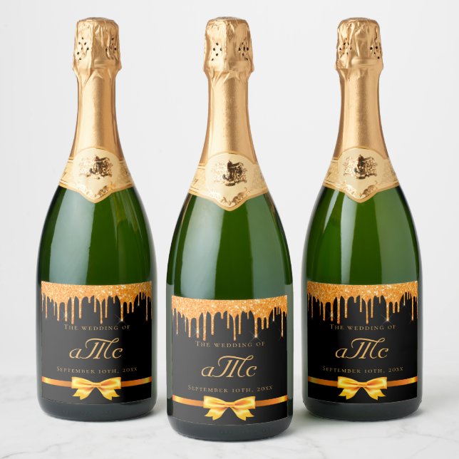 Wedding black gold glitter drip couple monogram sparkling wine label (Bottles)