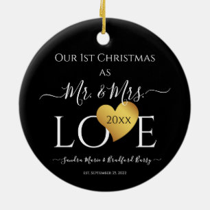 Wedding Black Gold Heart christmas Name Mr  Mrs Ce Ceramic Tree Decoration