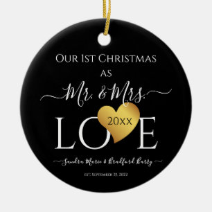 Wedding Black Gold Heart christmas Name Mr  Mrs Ceramic Tree Decoration