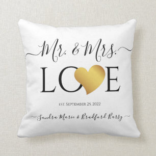 Wedding Black Gold Heart Script Name Mr. and Mrs.  Cushion