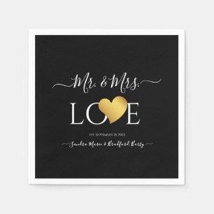 Wedding Black Gold Heart Script Name Mr. and Mrs. Napkin