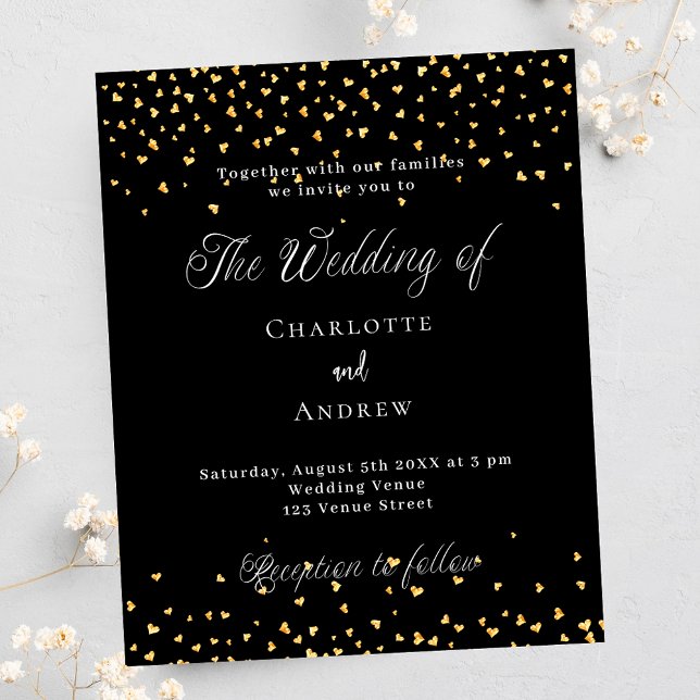 Wedding black gold hearts chic budget invitation flyer (Creator Uploaded)